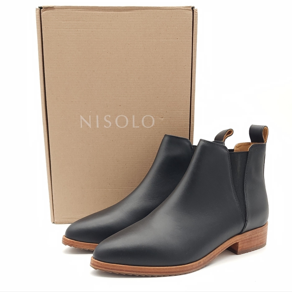 Nisolo Black Leather Chelsea Ankle Boots with Brown Sole